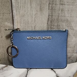 🌷MICHAEL KORS Blue Saffiano Leather Zip Card Case Key Ring🌷